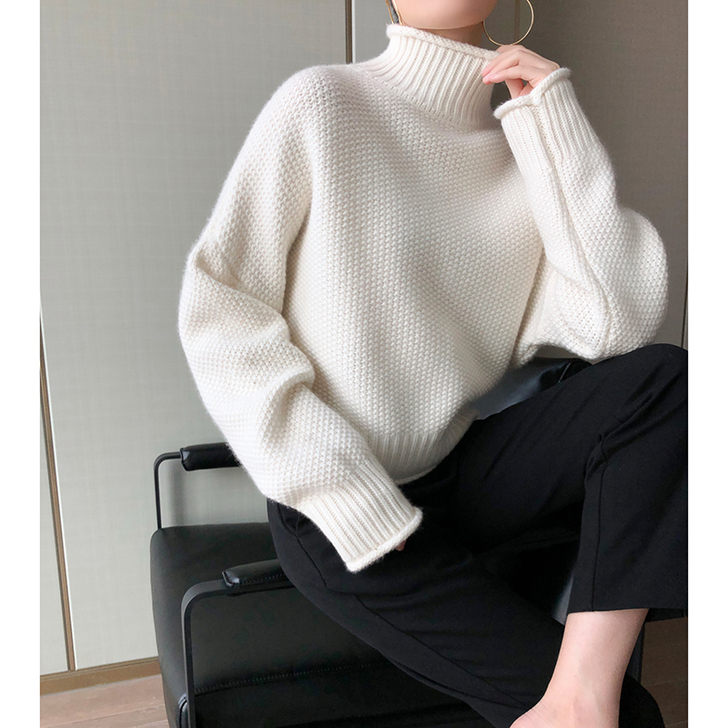 2019秋冬款羊绒衫女半高领套头宽松菠萝针...