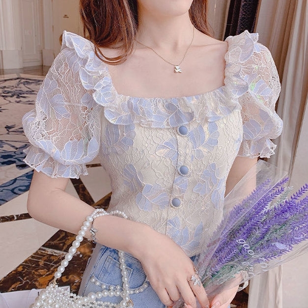法式泡泡袖碎花网纱拼接蕾丝衫女夏新款温柔气...