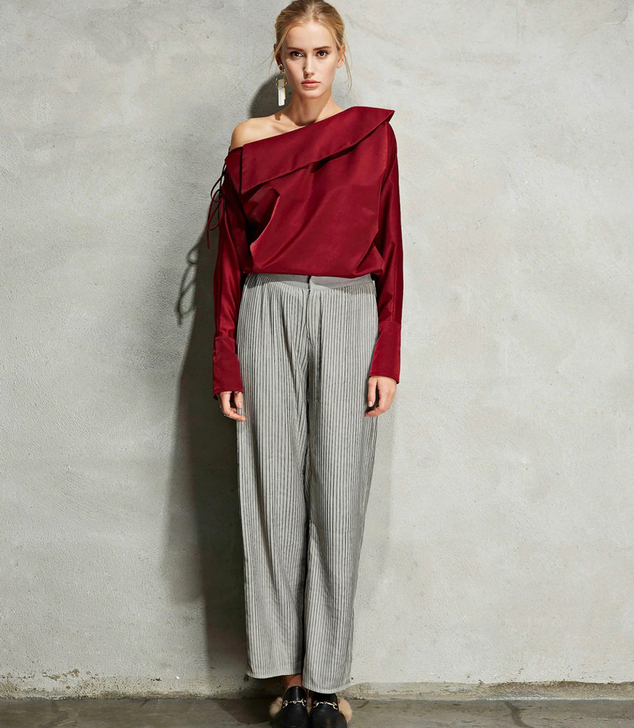 涂月 衬衫 露肩衬衫女长袖不对称 斜肩绑带...