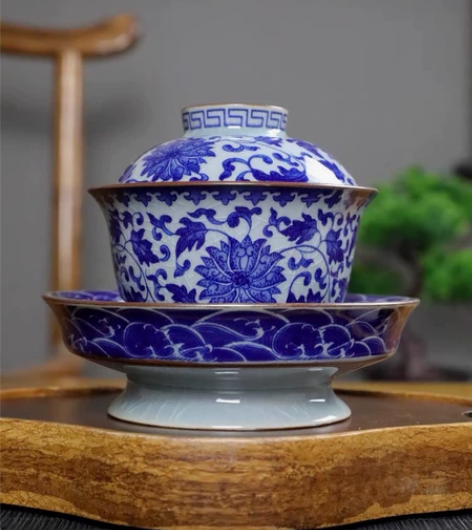景德镇老陶泥大号高足青花瓷缠枝莲高档泡三才...