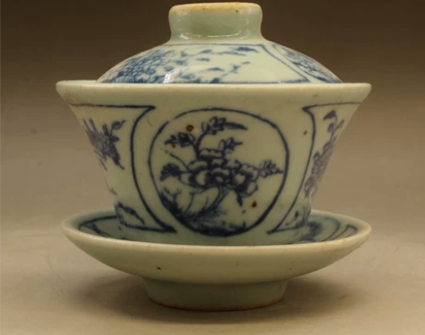 晚清民窑铁锈斑青花花卉图案盖碗 古玩瓷器 ...