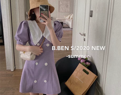 定制款 紫色的可盐可甜连衣裙法式气质收腰显...