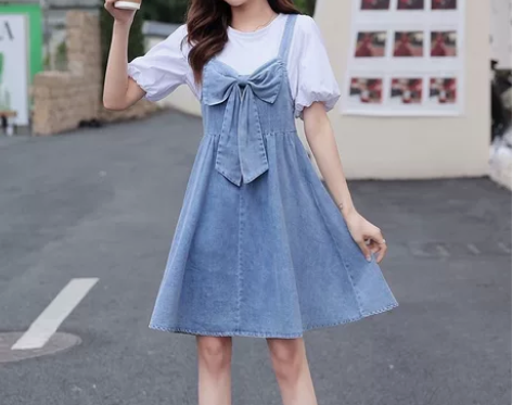 法式泡泡袖牛仔背带裙显瘦A字吊带连衣裙减龄...