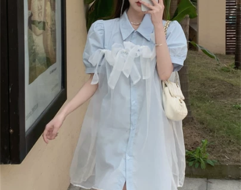 法式泡泡袖连衣裙夏季女设计感网纱蝴蝶结衬衫...