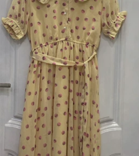 法式荷叶边娃娃领连衣裙雪纺泡泡袖波点长裙带...