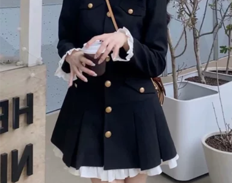 法式小香风长袖拼接撞色连衣裙女甜美格纹裙摆...