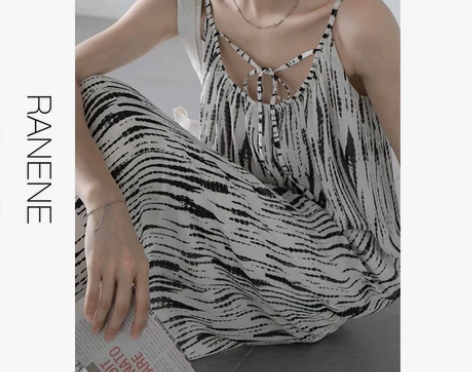 2021夏季复古水墨印花系带前后两穿吊带裙...