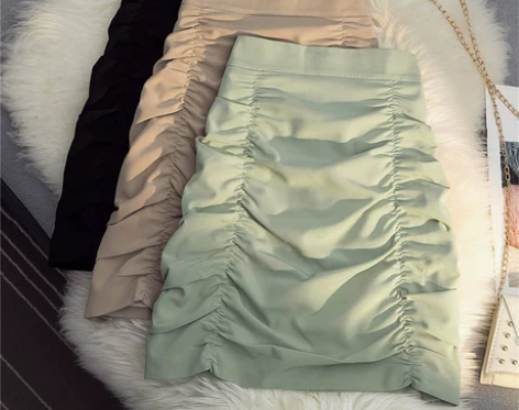 绿色褶皱半身裙女纯色2021年夏季新款高腰...