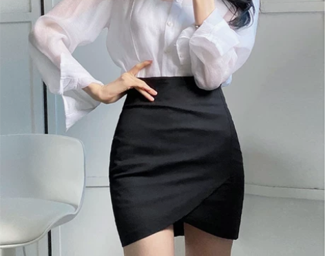 黑色不规则短裙女春2022高腰显瘦一步裙半...