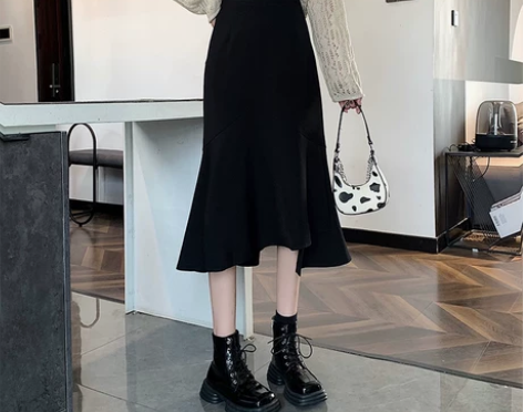 黑色半身裙女春秋季中长款鱼尾裙小个子高腰a...