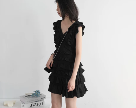 夏季高级感百搭气质双V领无袖收腰显瘦蛋糕裙...