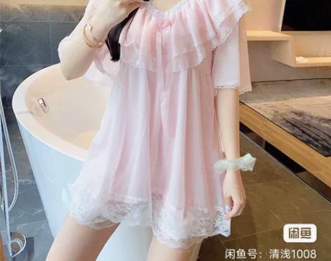 短袖睡裙女夏季蕾丝边宫廷公主风网纱睡衣很仙...