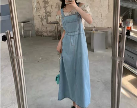 纯色牛仔背带连衣裙女夏季日系小众宽松显瘦i...