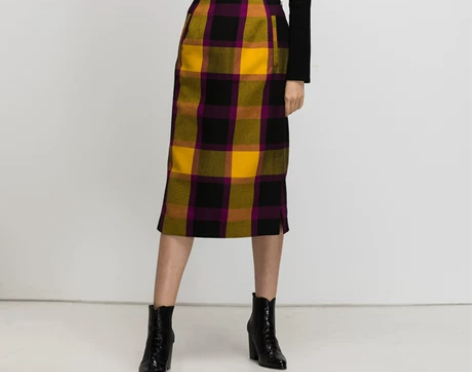 SLY复古撞色格纹印花高腰开叉半裙 颜色分...