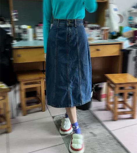 修身中长裙高腰牛仔裙女A字学院风半身裙铅笔...