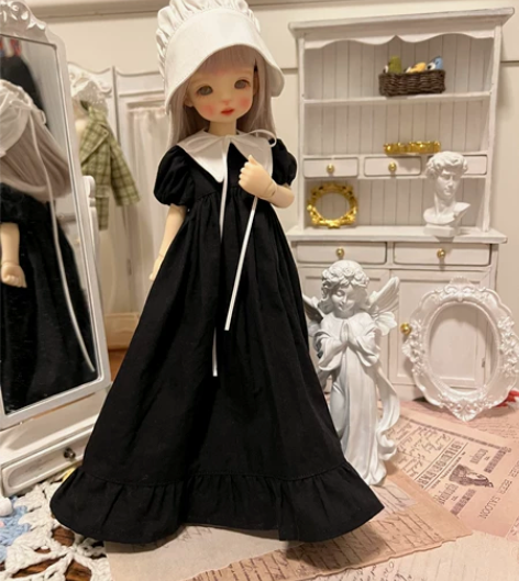 6分bjd极简风大裙摆黑色长裙+三角领搭+...