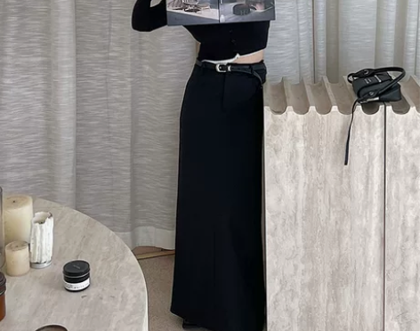 黑色高腰显瘦直筒半裙女2022秋冬新款百搭...