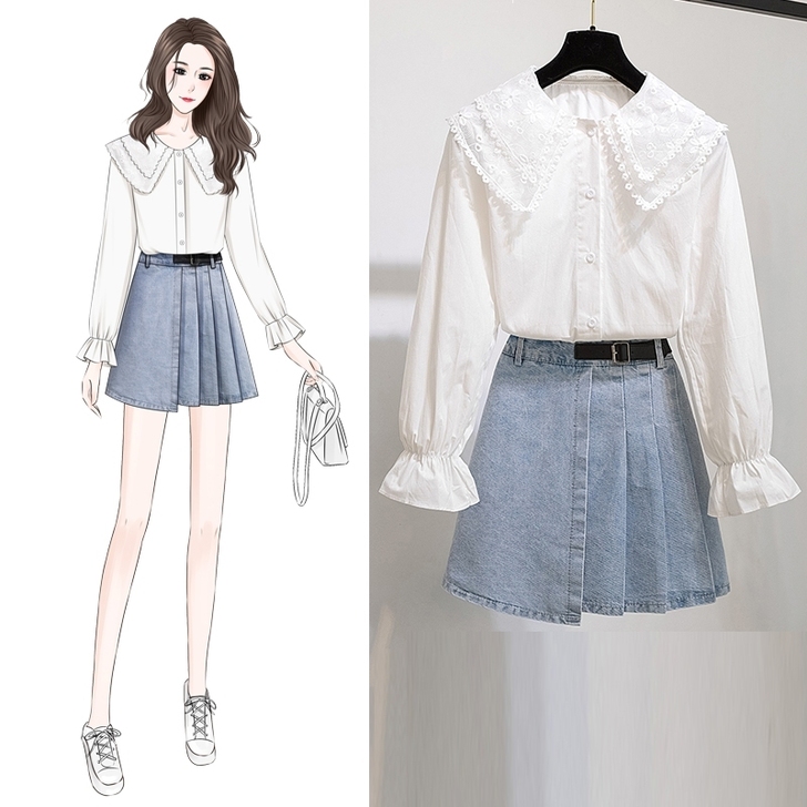 娃娃领长袖白衬衫  领子是蕾丝边的