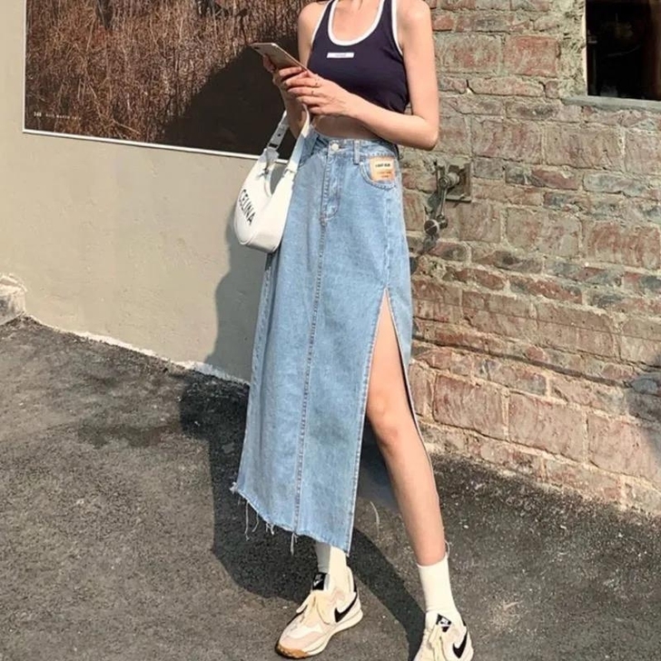 侧开叉牛仔半身裙女新款高腰贴牌百搭宽松a字...