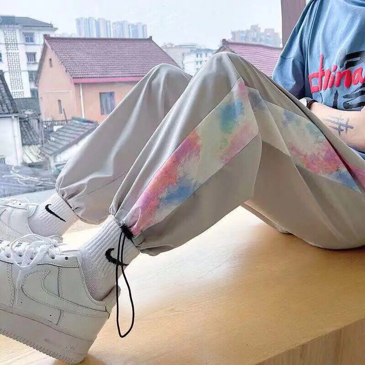 扎染拼接冰丝裤男生夏季薄款宽松运动裤ins...