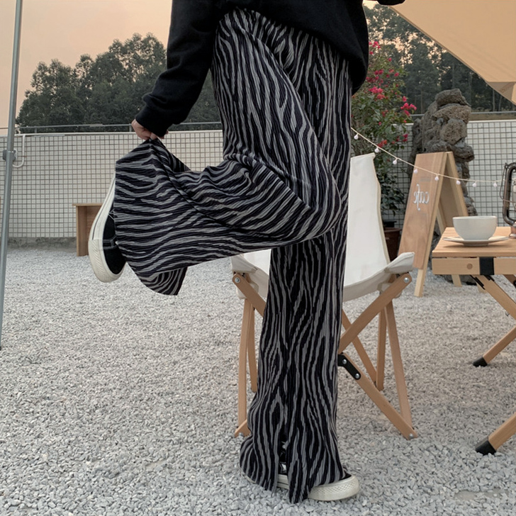 阔腿裤女2021春季新款高腰复古斑马纹拖地...