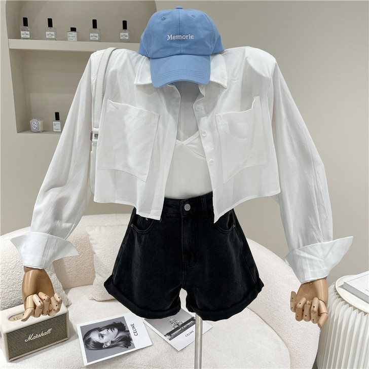 韩版polo领纯色长袖衬衫女2021春夏新...