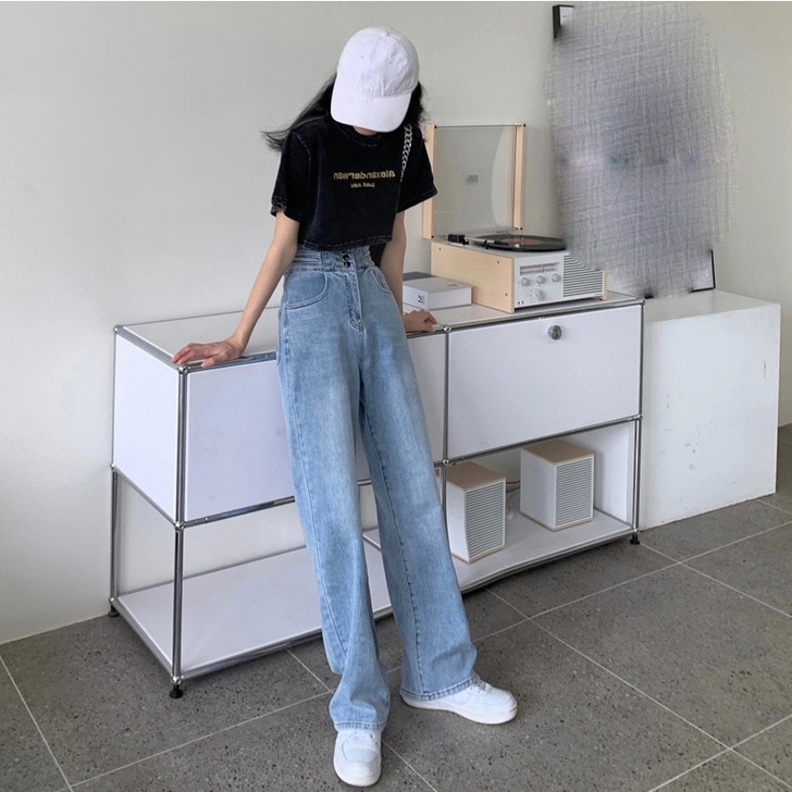 【88狂欢价】蓝色牛仔阔腿裤高腰裤子女夏季...