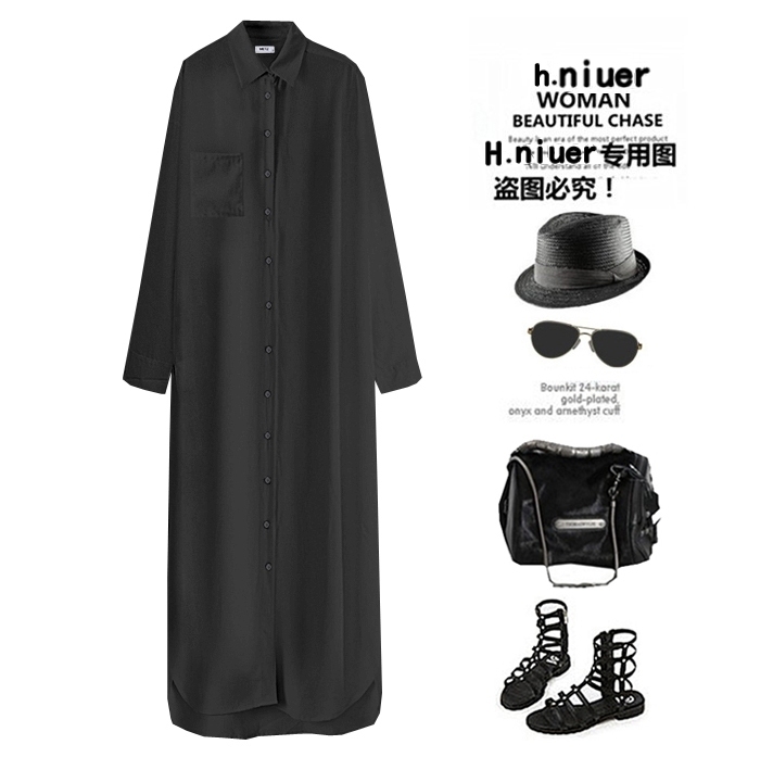 长款黑色长袖春秋衬衫裙