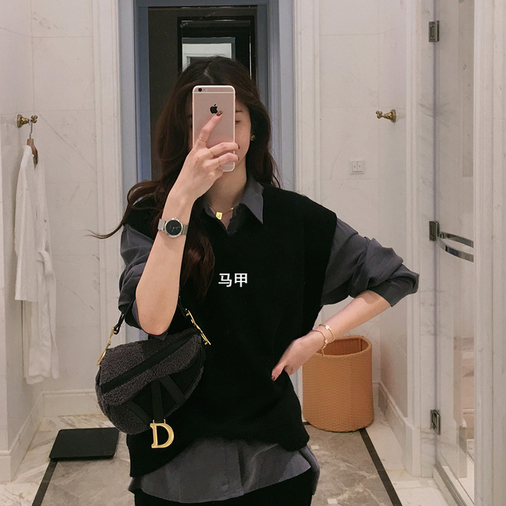 黑色马甲背心女秋款秋冬外穿百搭韩版针织毛衣...