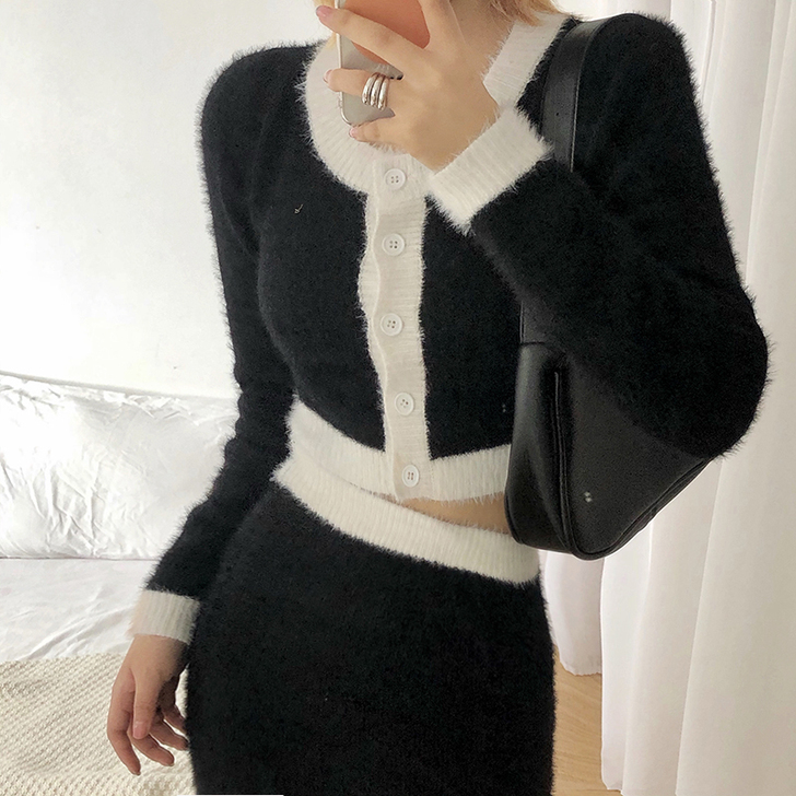 KLIOU 复古撞色短款针织开衫女秋冬新款...