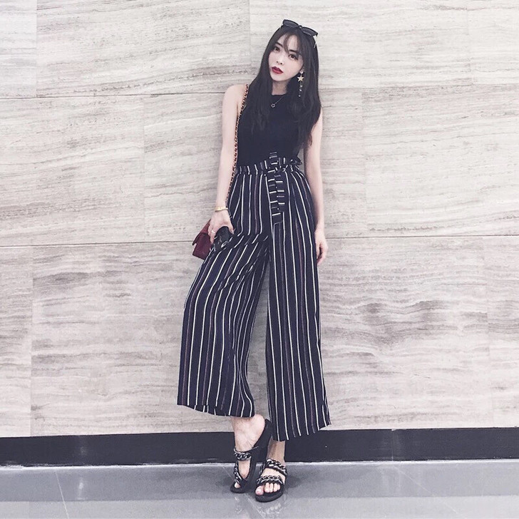 阔腿裤女夏新款条纹九分裤ins冰丝裤高腰显...