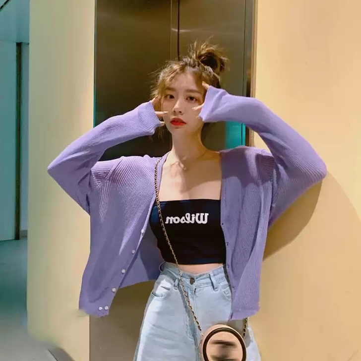 紫色冰丝外搭针织开衫女薄款披肩小外套夏装上...