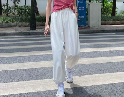 白色运动裤女2021新款夏季薄款宽松束脚裤...
