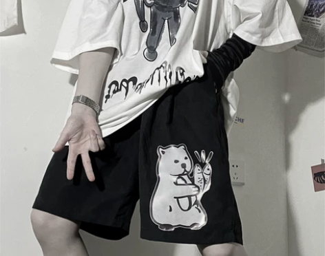 运动裤女夏季韩版ins百搭小熊印花休闲裤高...