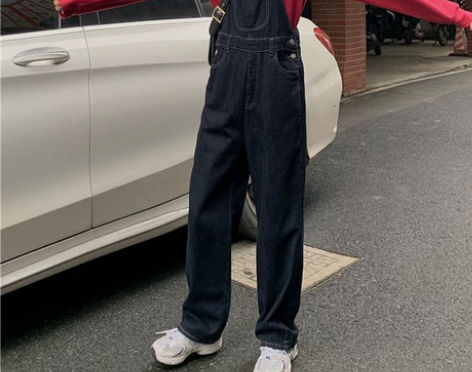 背带裤女小个子潮宽松春秋季阔腿直筒黑色高腰...