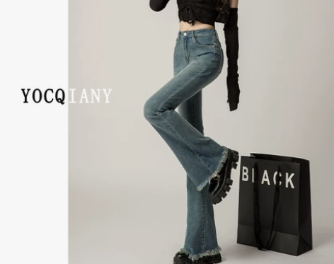 喇叭牛仔裤 牛仔裤喇叭裤高腰毛边女微喇春秋...