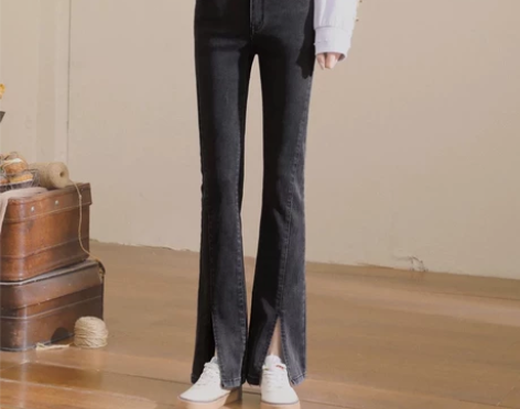 黑灰色喇叭牛仔裤女 开叉 30码 洗未穿 ...