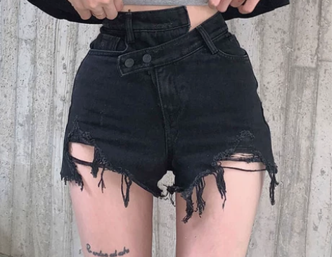 黑色牛仔短裤女夏季2022新款高腰磨破拉丝...