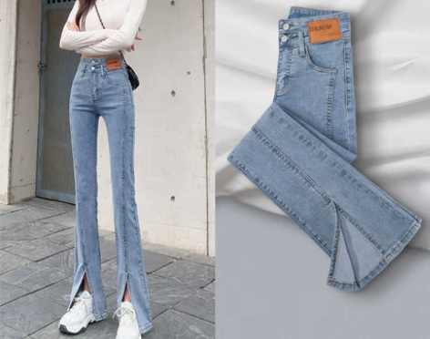 开叉微喇牛仔裤女秋冬季2021年新款高腰小...