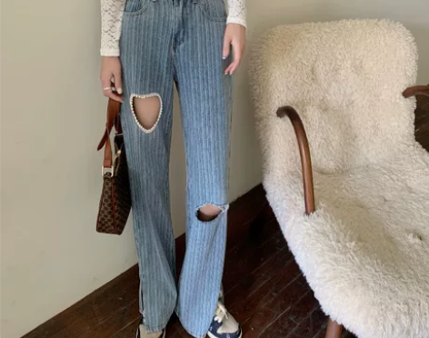 破洞爱心薄款牛仔裤女夏季高腰开叉喇叭裤宽松...