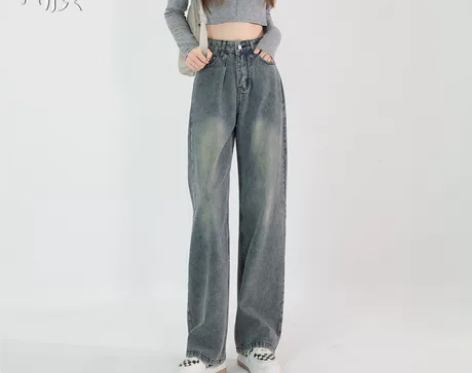 高腰阔腿牛仔裤女秋冬季2022年新款宽松显...