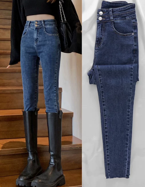 牛仔铅笔裤 铅笔深蓝色高腰裤女2022年秋...