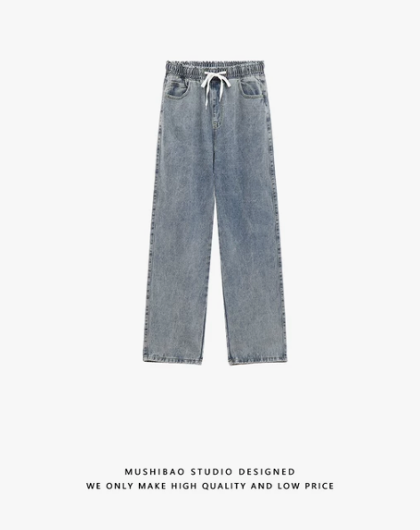 牛仔裤 牛仔长裤牧狮堡 松紧腰水洗宽松直筒...