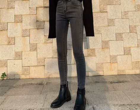 【双11狂欢价】烟灰色加绒牛仔裤女秋冬季2...