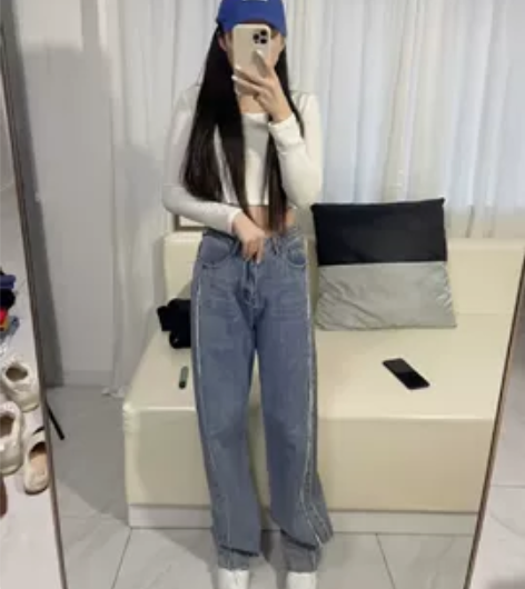 高腰设计小众阔腿毛边直筒牛仔拖地裤 图片色...