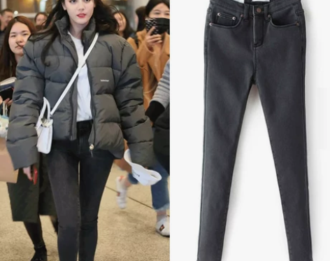 网红加绒牛仔裤女高腰明星同款烟灰色加厚保暖...