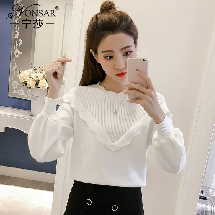 宁莎2019秋冬新款韩版时尚灯笼袖宽松荷叶...