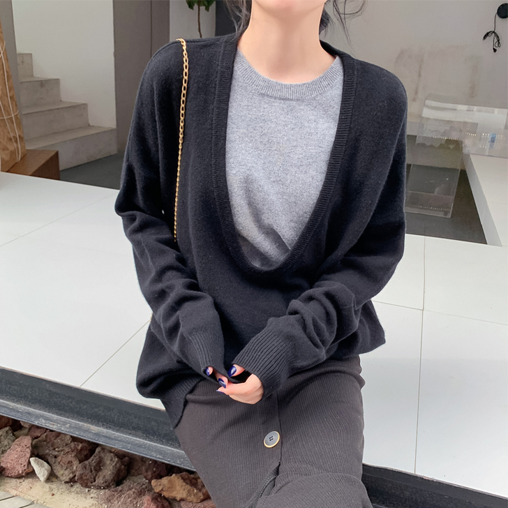 羊绒衫女大U领套头外套毛衣宽松叠穿慵懒风深...