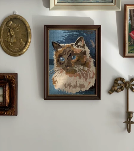 vintage西洋中古猫咪绒绣挂画手工刺绣...