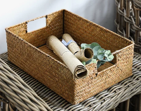 KENS 草编收纳篮 零食储物篮 桌面整理...